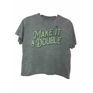 Make It A Double Womens Small Graphic Tshirt Crop Top Gray Green Cotton Raw Hem